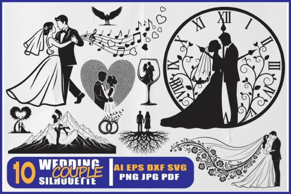Elegant Wedding Couple Silhouette SVG Set: 10 Romantic Designs