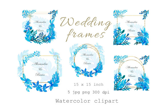 Watercolor Wedding Frames of Gold and Blue: A Designer's Dream